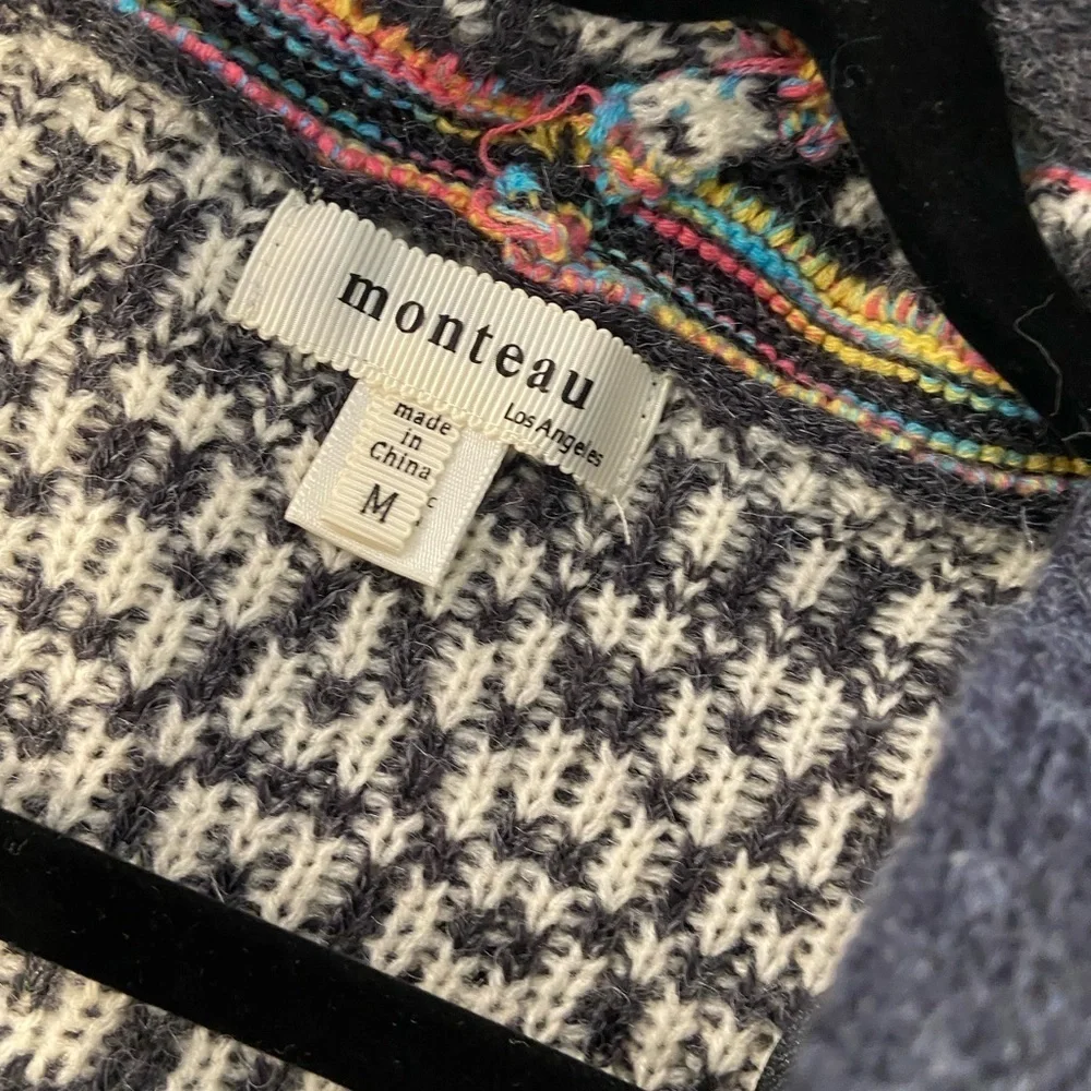 Monteau Size M Neon Stripe Black Cream Aztec Knit Open Front Hooded Cardigan